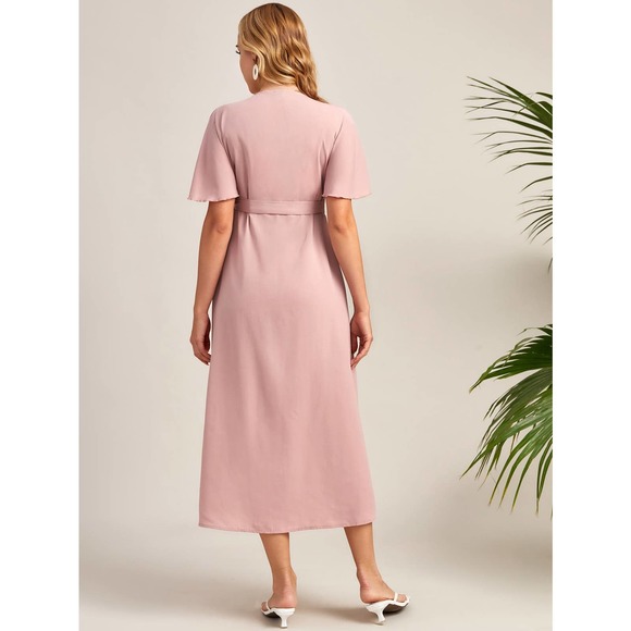 Maternity Flutter Sleeve Belted Wrap Dress pink - Picture 2 of 8